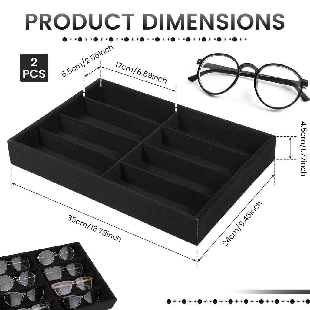 2Pcs Flannel Glasses Box 6/8 Grids Sunglass Organizer Stackable Glasses Storage Tray Drawer Glasses Display Tray Watch Holder