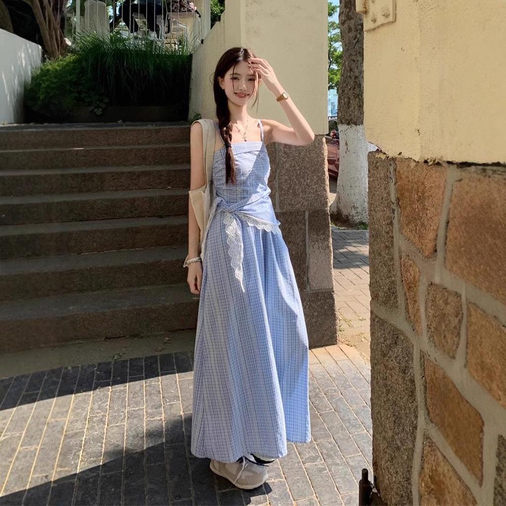 Damen Blau Kariert Ärmellos Spaghettiträger Maxi Kleid