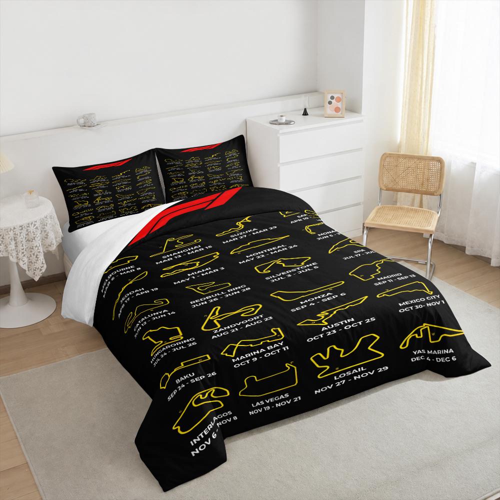 Duvet Cover Set F1 Formula 1 2025 Calendar Circuits Yellow Black Racing for Men Bedroom Decor Fan Gift