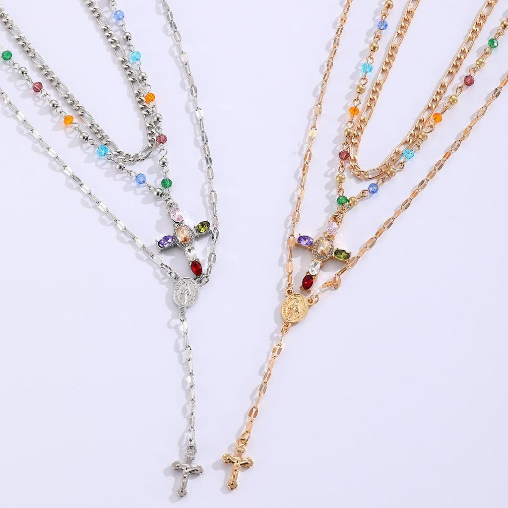 Creative Fashion Sense Colorful Double Layer Cross Pendant Collarbone Chain Y Shaped Tassel Necklace