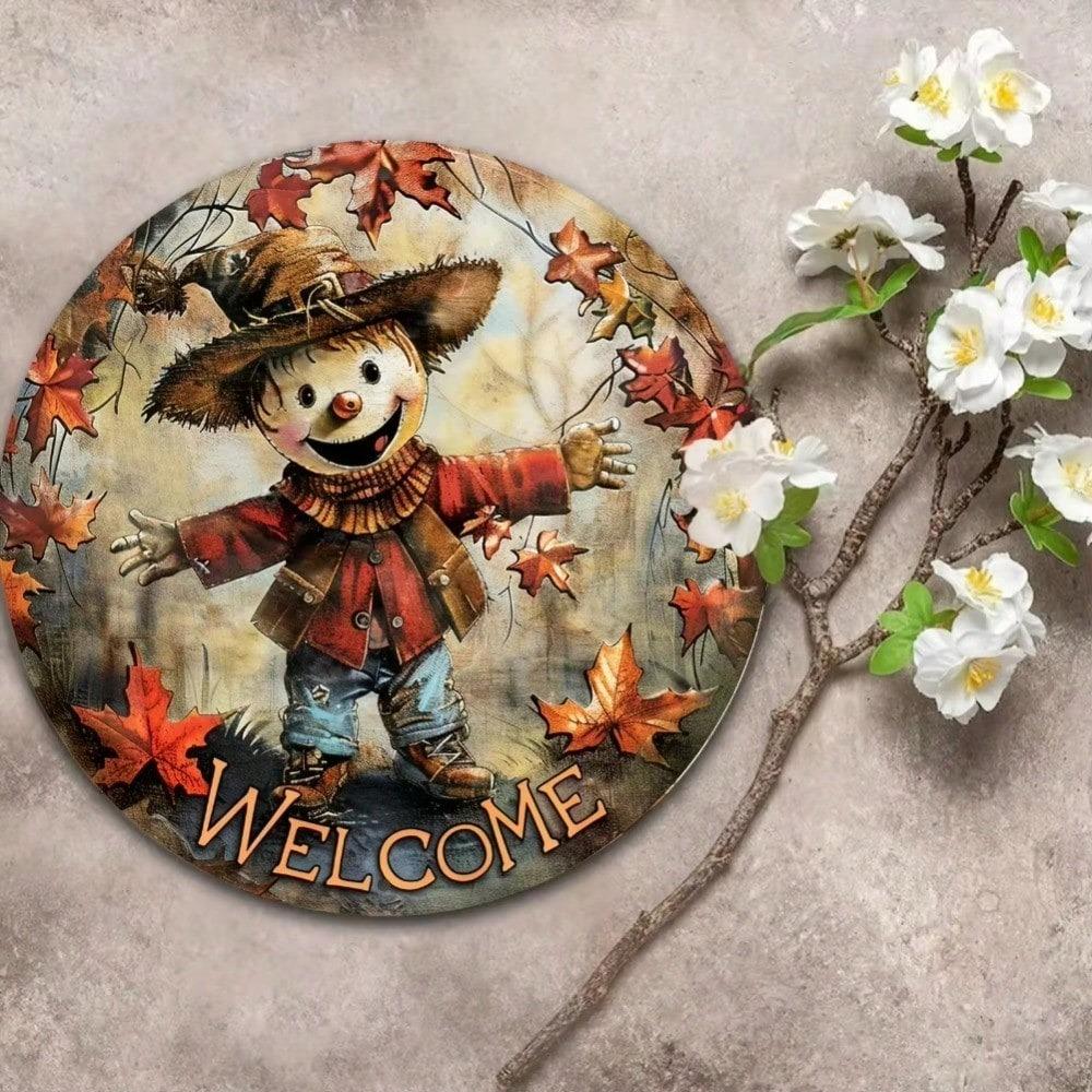 Metal Wall Art 8 Inch Round Scarecrow Welcome Sign Fantasy Decor For Garden Living Room Indoor Outdoor