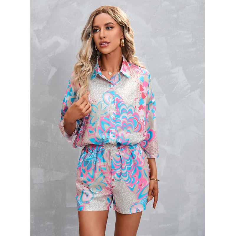 

Printed Seven Quarter Sleeve Shorts Set Printed 3/4 Sleeves Shorts Suit 102050 Pink 2XL