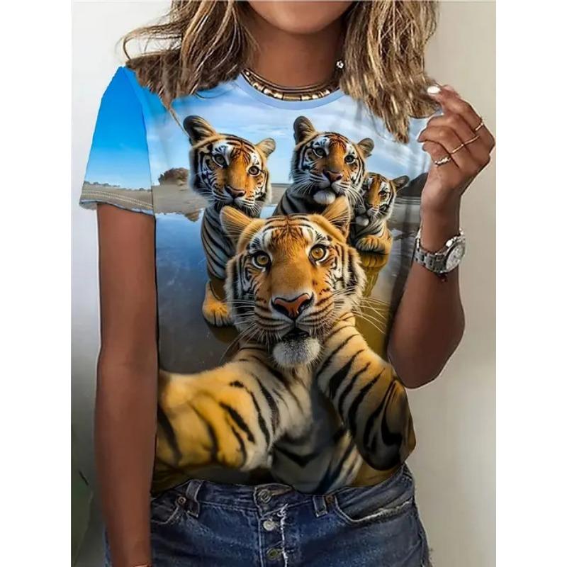Sommer Rund Hals 3D Dyreprint Topp Moteable Casual Kortarmet Dame T-skjorter
