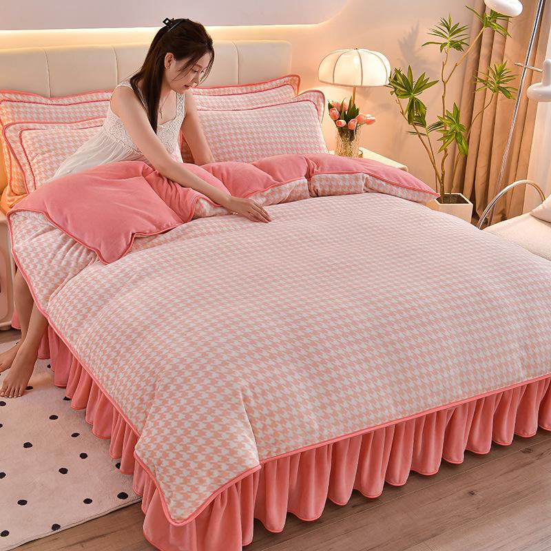 Thickened Milk Fleece Four-Piece Coral Fleece Quilt Cover, Bed Sheet Fleece Double-Sided Fleece Flannel Bedding, Bed Skirt