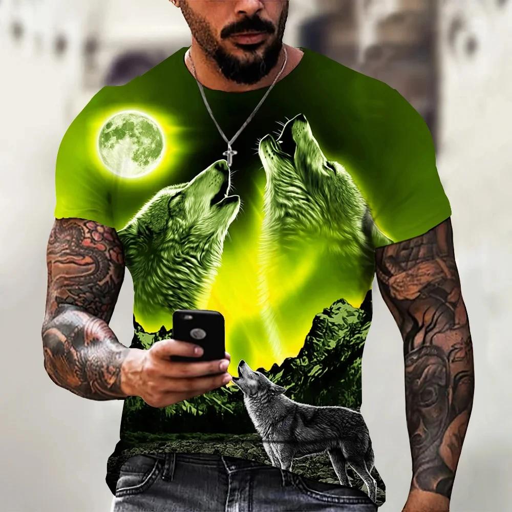 2025 Wolf Men Animal Print Short Sleeve Top 3D Casual Street Vintage