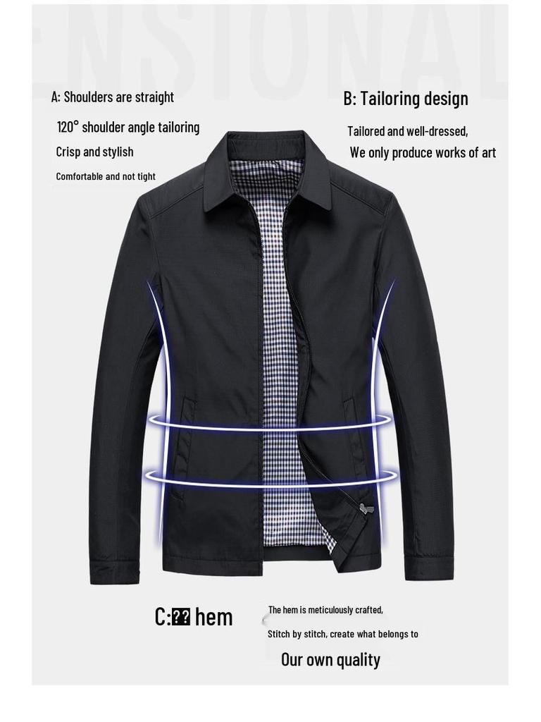 Men's Lightweight Jacket - Spring/Autumn Business Casual, Turn-Down Collar for Middle-Aged & Elderly.