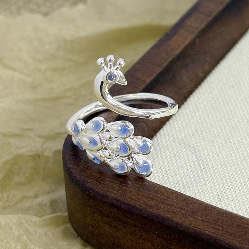 French Flower Peacock Dream Blue Enamel Dripping Oil Flower Opening Ring Women'S Exquisite Sweet And Cool High-End Ring