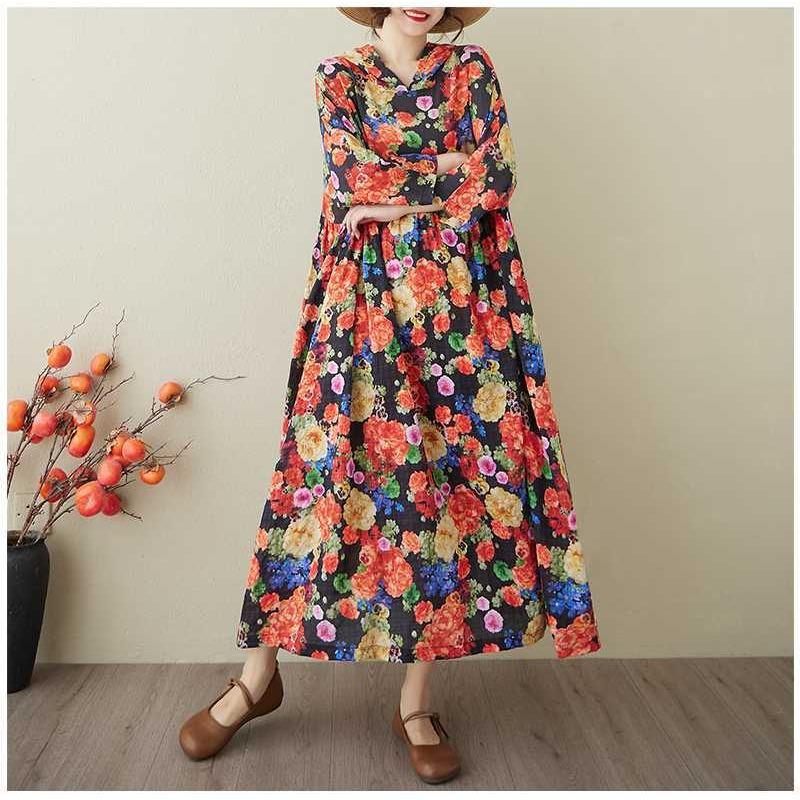 Ladies' Retro Niche Cloud Brocade Yarn Cotton Linen Hooded Printed Dress