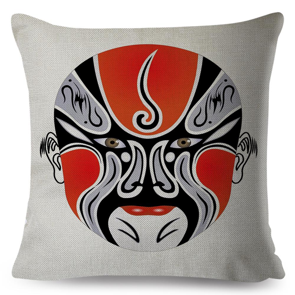 Chinese Opera Mask Pillow Xcm Original Artistic Illustration Vibrant Traditional Colors Woven Fabric Cover