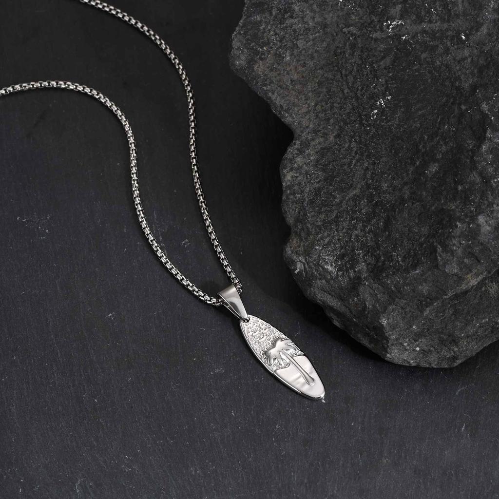 Summer Coconut Tree Pattern Oval Pendant Necklace for Men, Stainless Steel Dainty Fashion Necklace, Retro Jewelry Ocean Vacation
