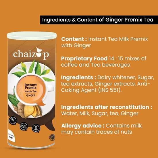 Chaizup Premium 1 Min Instant Ginger Tea Premix - 1kg Can | Ginger Flavours | Approx. 72 Servings | 1kg