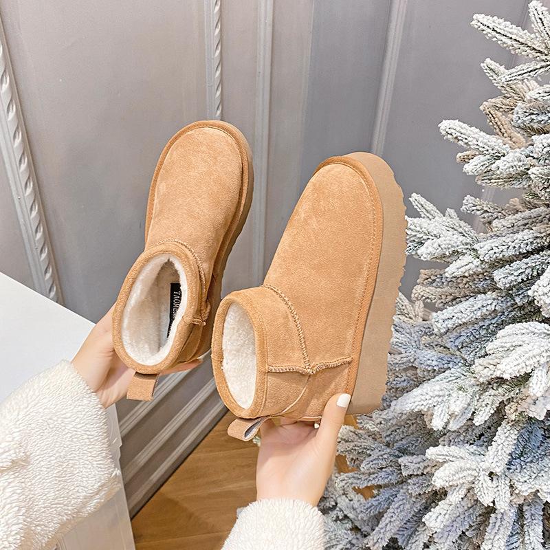 XD2 leather home fleece short boots thick-soled snow boots women's plush cotton slippers
