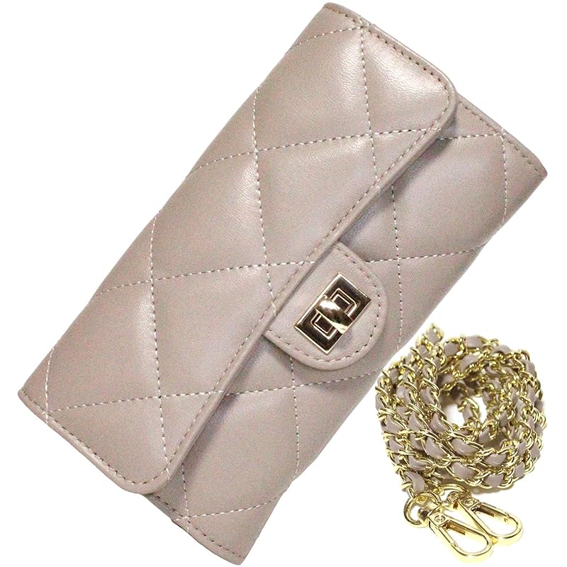 

[S.P.Lab] Hishidai Milk Tea shoulder wallet lamb leather long wallet genuine leather ladies with chain wallet quilting folding bifold wallet bifold