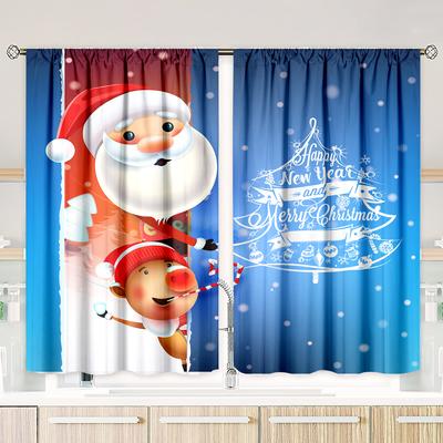 2 Pieces - Santa Print Curtain - Polyester Material - Bedroom, Living Room, Study Private Curtain - Customizable Pattern