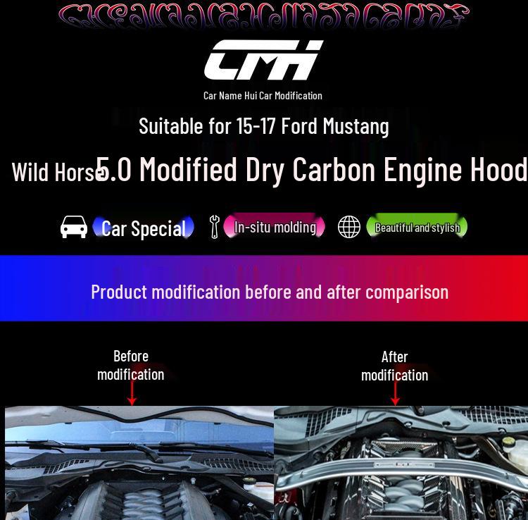 Dry Carbon Engine Cover Hood for 2015-2017 Ford Mustang 5.0