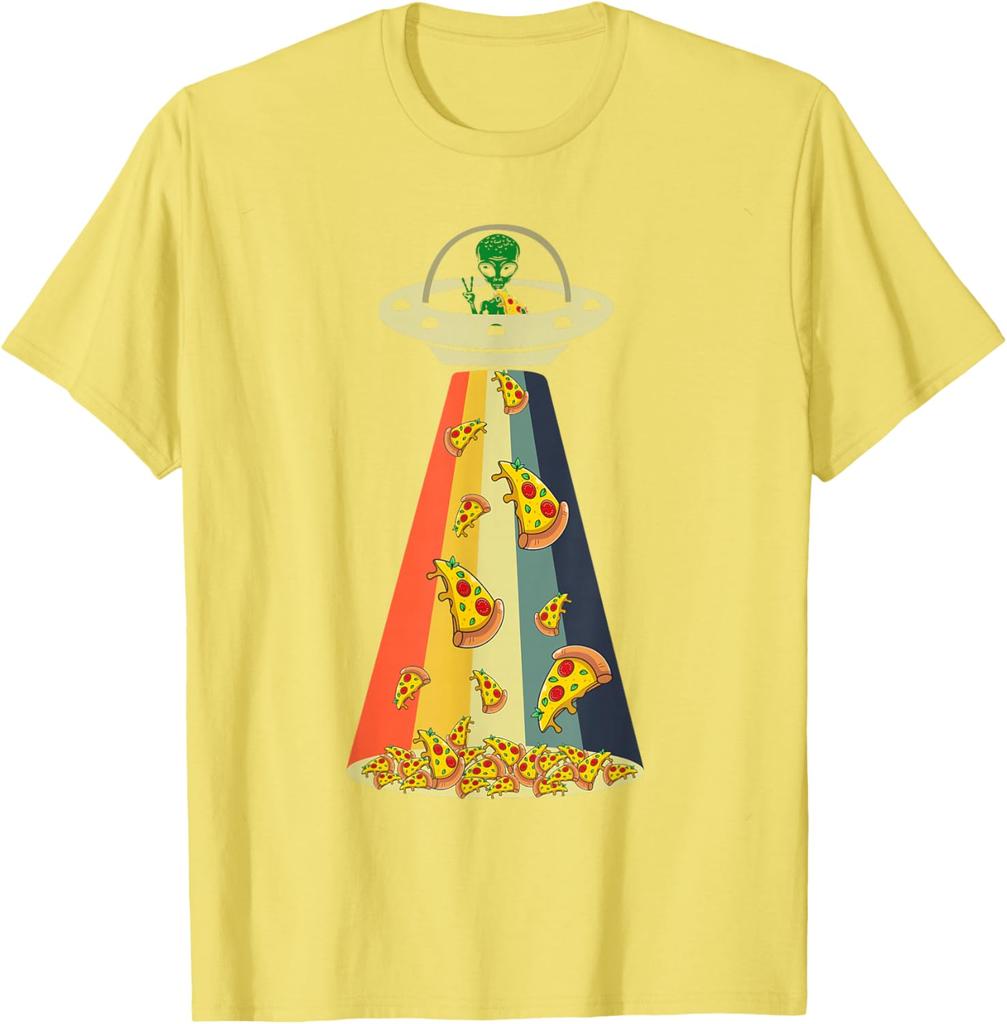 Pizza UFO Alien Abduction Graphic Retro Rainbow Light T-Shirt Funny Casual Cotton Tee