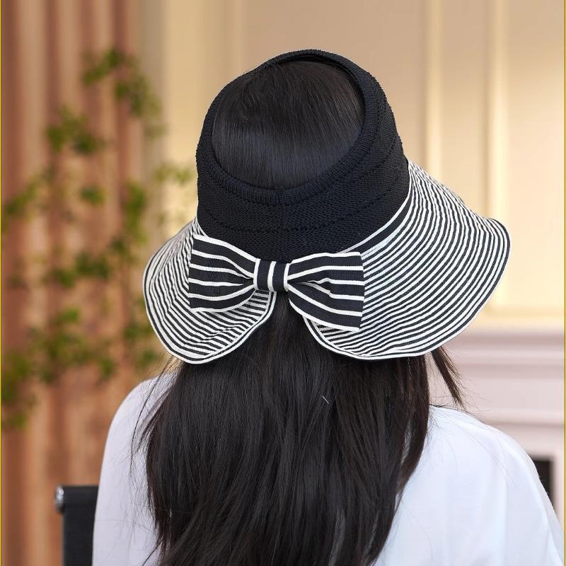 New striped bow empty top hat children spring and summer big eaves sun hat foldable sun hat