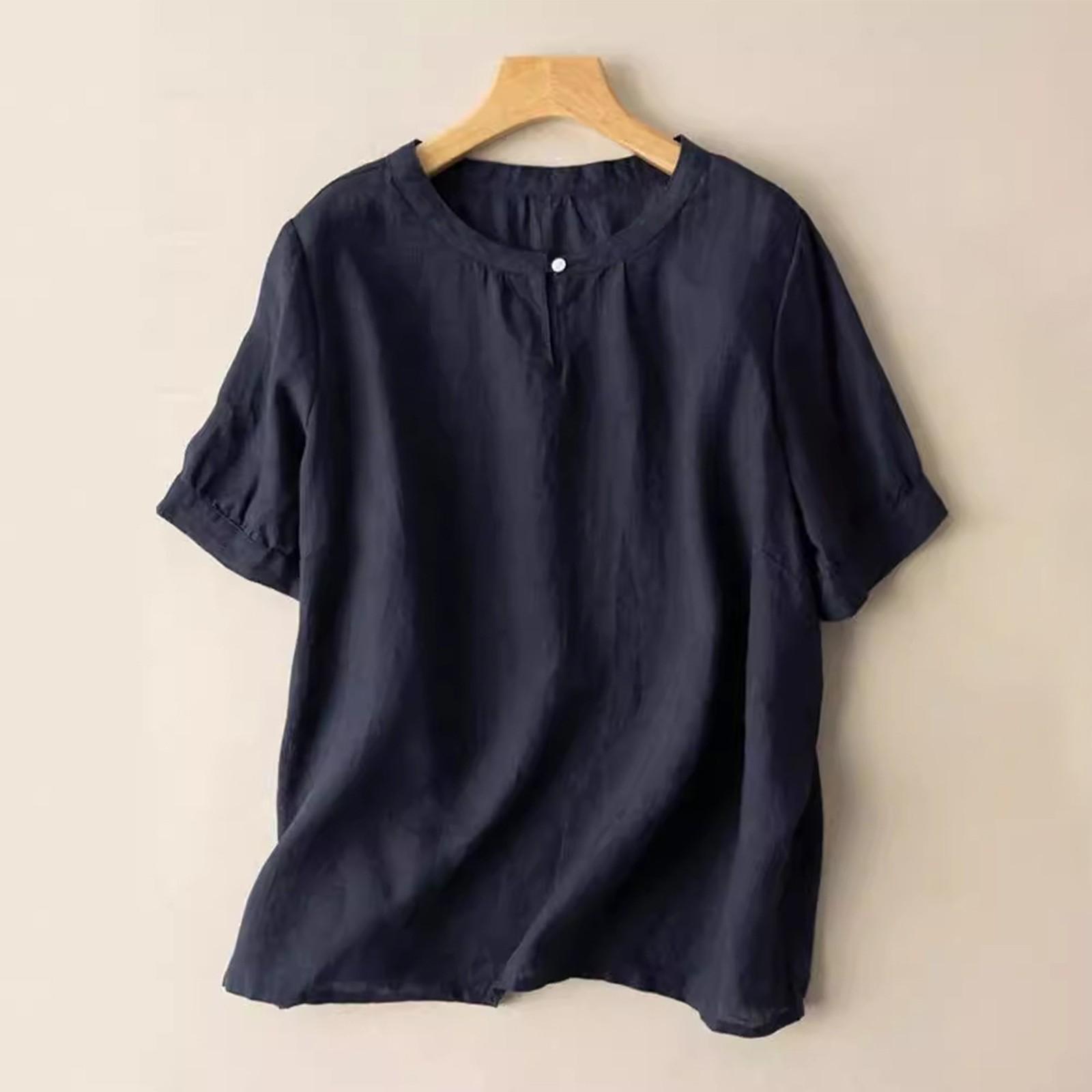 

Жіноча одноколірна дихаюча футболка з бавовни та льону з короткими рукавами та вишивкою в стилі ретро з круглим вирізом XXL Темно-синій