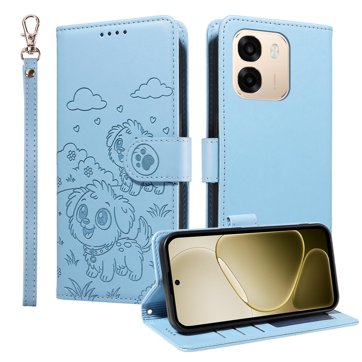 For OPPO A6s 5G Case RFID Blocking Imprinted Dog Pattern PU Leather Phone Cover with Wrist Strap