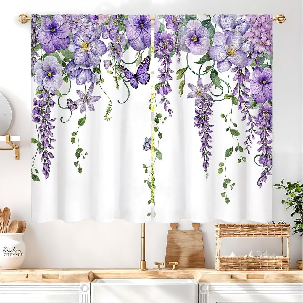Purple Floral Butterfly Lilac Window Curtains Spring Flower Summer Girls Nature Garden Plant Drapes Treatment Curtain Polyester With Rod Pocket