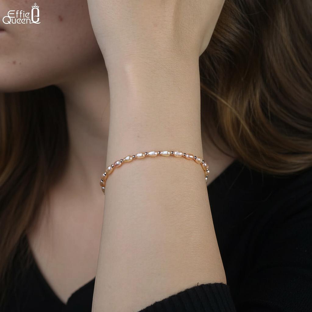 EFFIE QUEEN 925 Pure Silver Rose Gold Round Pearl Beads Ball Chain Bracelet Natural Jewelry for Women Wedding Party Gift GPB49