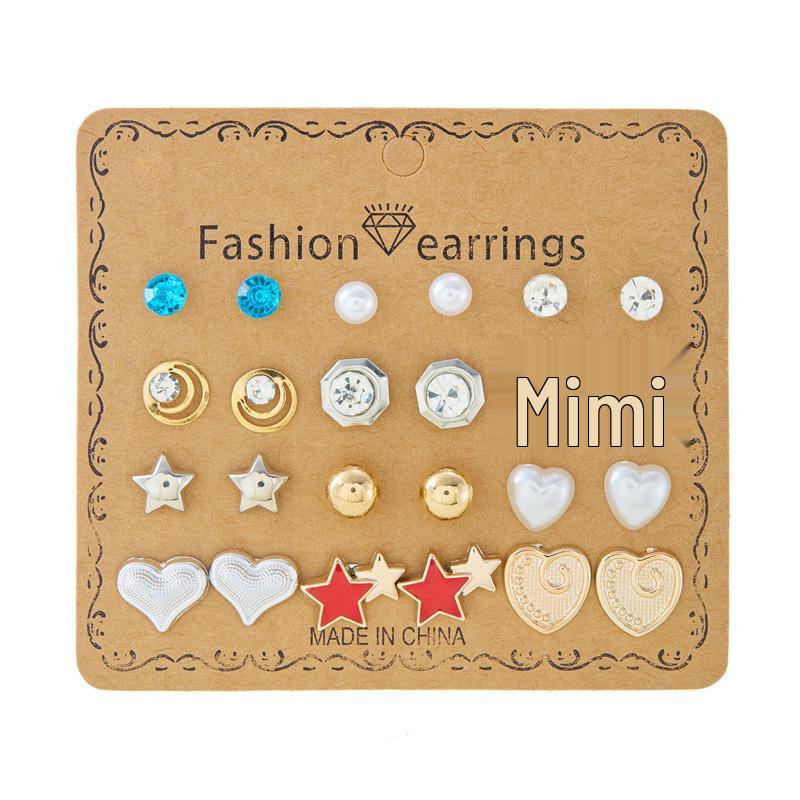 12-Pair Rhinestone Stud Earrings Set: Flower, Heart, Star & Moon Designs