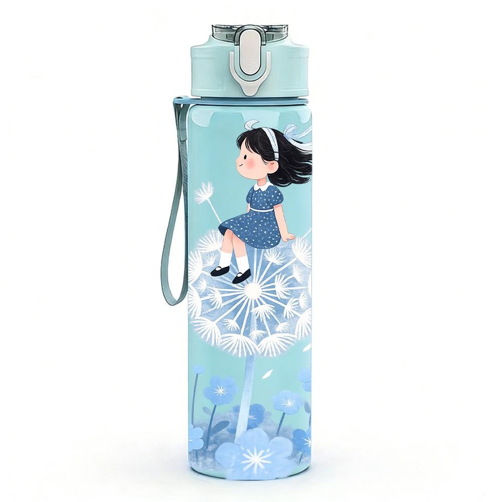 1PC Girl On Bubble Watercolor Pattern 750ml Color Plastic Sports Water Bottle Leakproof Flip Straw Lid Suitable for Sports Office Home Use