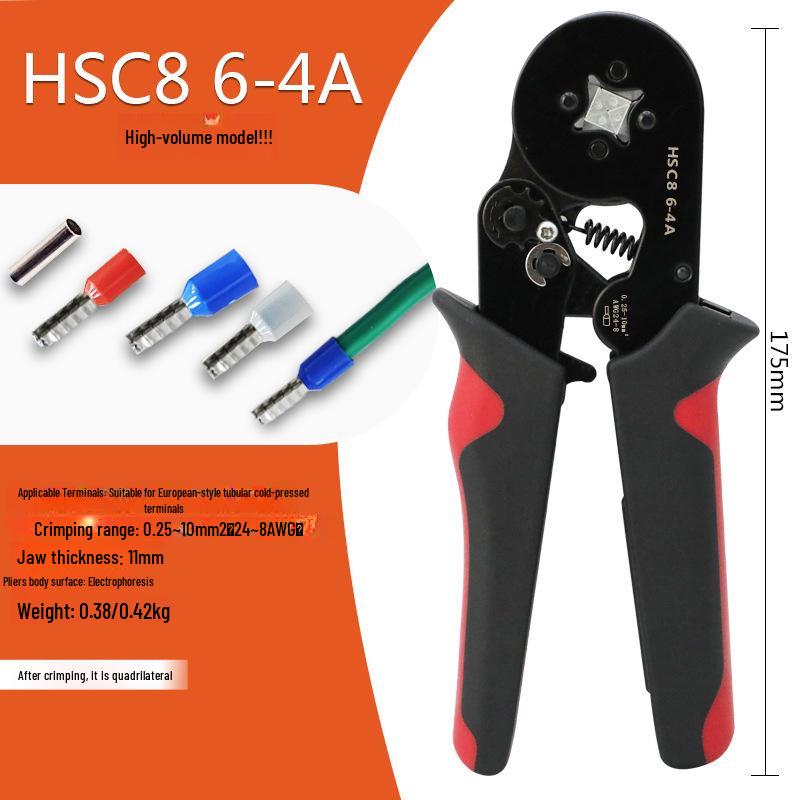 HSC8 6-4A Self-Adjusting Crimping Tool for VE Tube Terminals, 0.25-10mm Range, Quadrilateral Crimping.