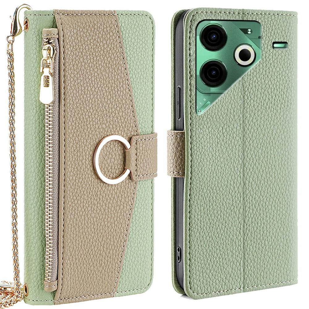 

For TECNO Pova 6 Neo Case Mirror Wallet Leather Phone Cover with Chain Shoulder Strap Green