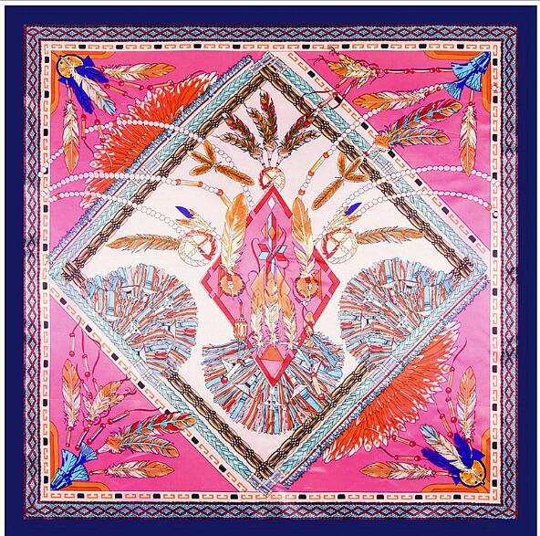 90cm x 90cm Luxury Brand Silk Scarf Women Square Scarves Indian Famous Feather Silk Shawl Wraps Hijab Bandana