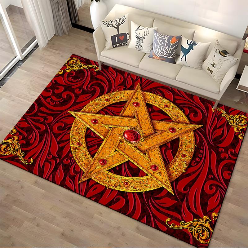 Vintage Red and Gold Pentagram Pattern Carpet with Ornamental Details Suitable for use as an anti-slip for living room bedroom sofas