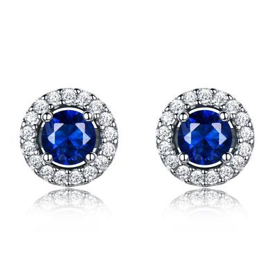 Vintage Royal Blue Round Cubic Zirconia Flower Stud Earrings For Women 925 Silver White Bridal Wedding Ear Studs Engagement Jewelry Gift