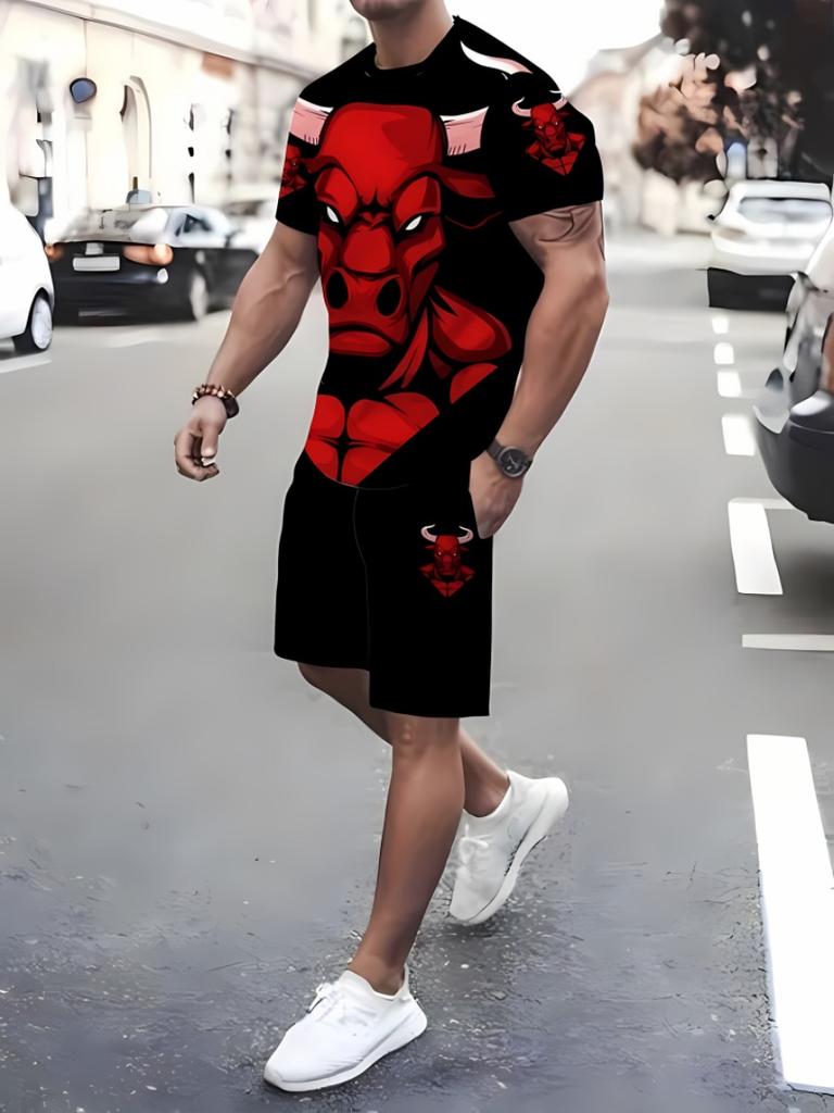 Hot Selling Men's Breathable 3D Printed Casual Short Sleeved Shorts Set Outdoor Street Top Shorts Casual Two-piece Set