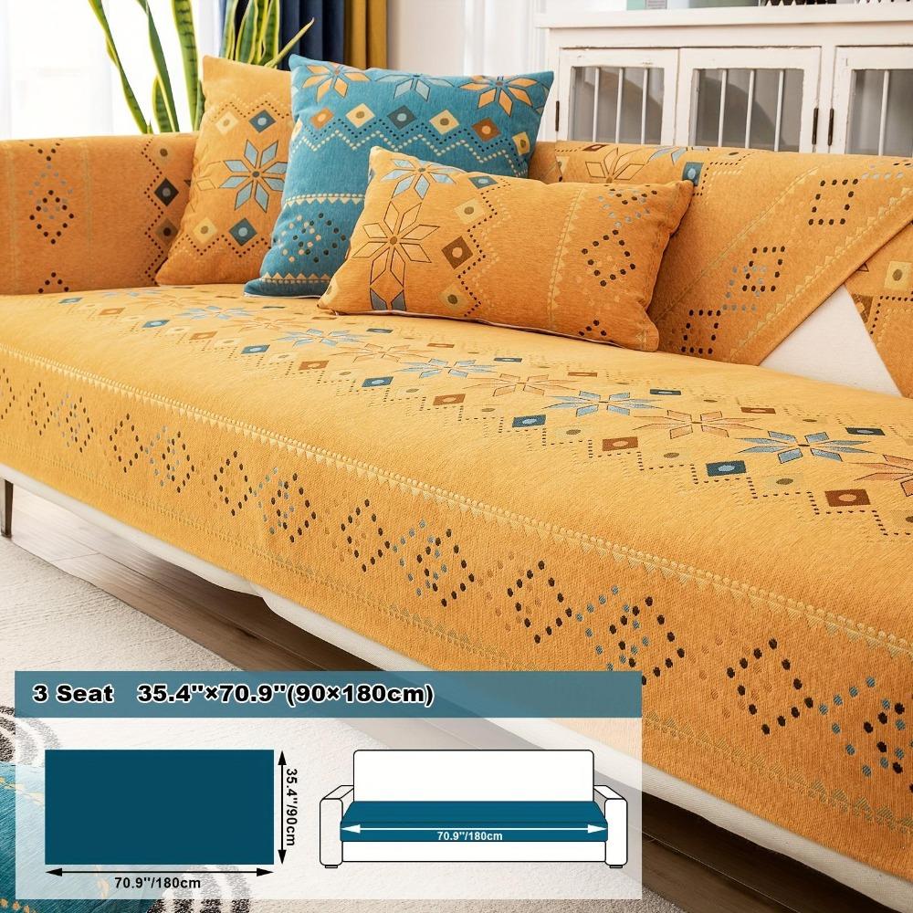 1pc Bohemia Chenille Sofa Cover, Geometric Embroidery Sofa Slipcover, Thick Plush Sofa Protector Cover, for Bedroom Office Living Room Home Decor