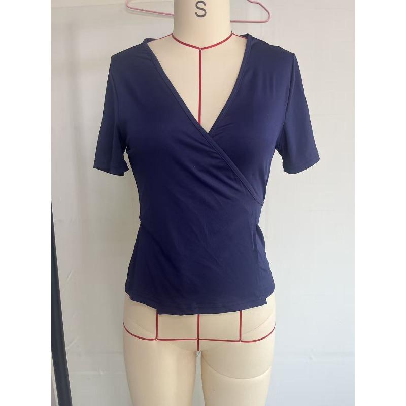 Women V Neck Wrap Front Drawstring Side Short Sleeve Slim Fit Casual T Shirt Tops