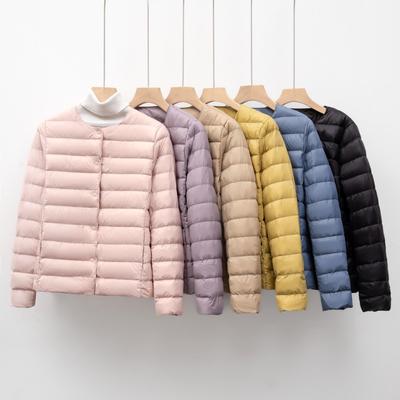 Women's Lightweight Pinghu White Duck Down Jacket, Collarless, Round Neck, Autumn/Winter Outerwear