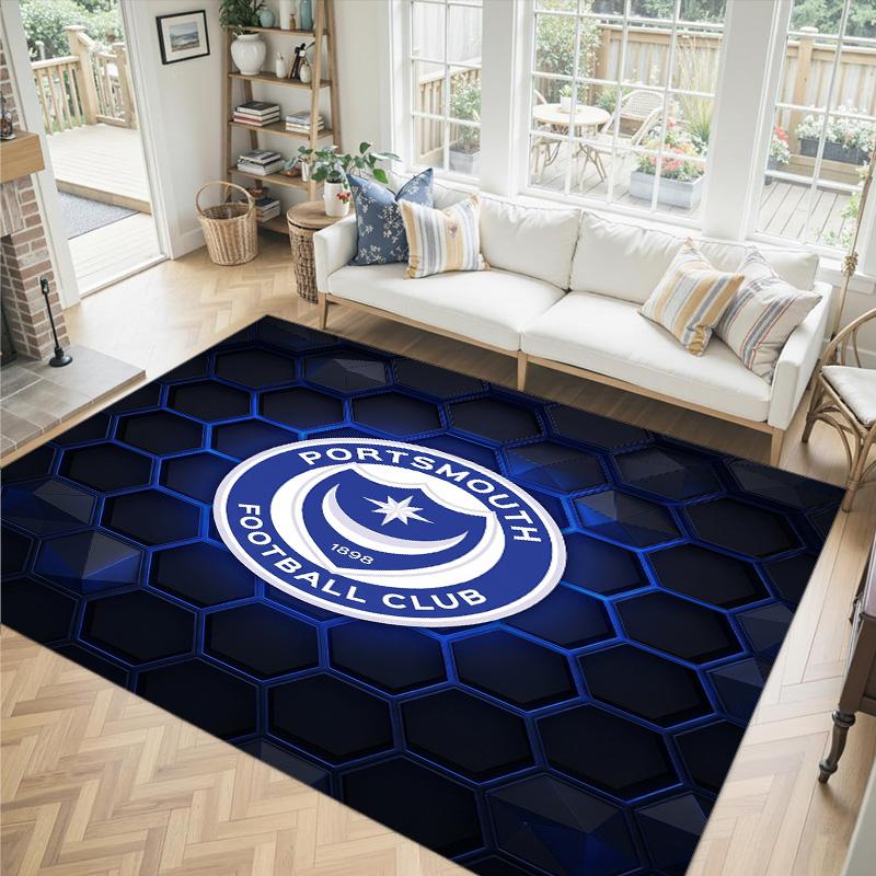 Portsmouth FC Design Kristall-Samt-Teppich Gemütlich Nicht?Rutschfester Teppich mit Aufdruck für Schlafzimmer Wohnzimmer Eingang