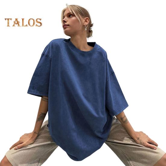 

Женская футболка с круглым вырезом и коротким рукавом, свободная футболка, сплошной цвет, стираный пуловер в стиле ретро, ​​топы, уличная одежда 3XL синий