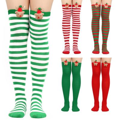 Women Cartoon 3D Plush Reindeer Striped Over Knee Long Socks Thigh High Stockings for Christmas Cosplay Costume Hosiery
