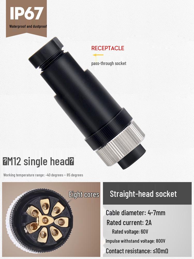 M12 Waterproof Sensor Connector: Male & Female Aviation Plug, 34-Pin, 5-Hole, 8P, Straight & Elbow, Three-Core Socket.