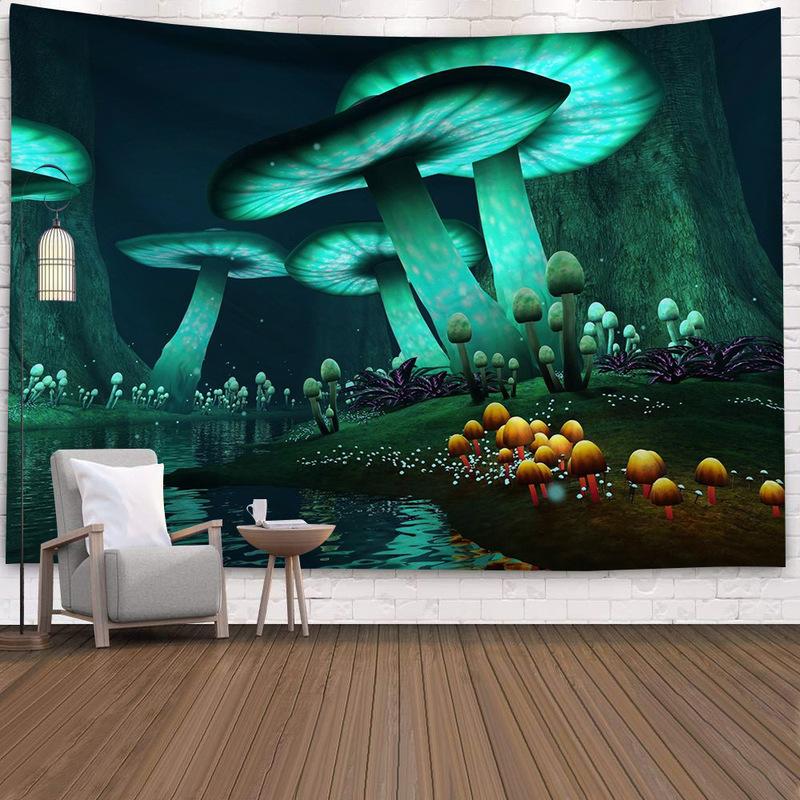 Mushroom Forest Tapestry, Peach Skin Velvet Background Fabric, Polyester Digital Printing Wall Carpet, Room Decoration Hanging Fabric