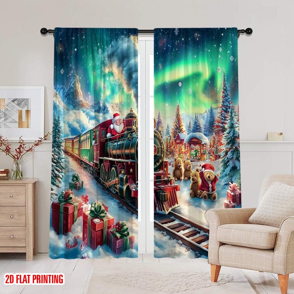 2pcs,2D Plane Printing Creative Curtains Christmas Train2 (3) Versatile Durable Polyester (without Rod) Room Decor Ldeal for