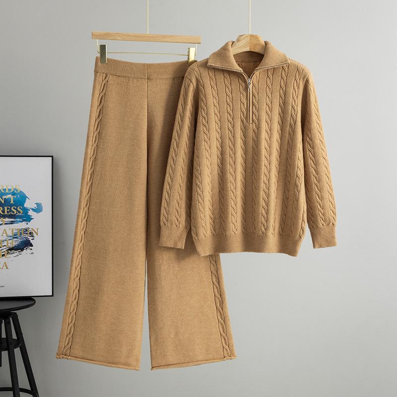 Women's Versatile Autumn/Winter Half-Zip Knit Top and Wide-Leg Pants Set