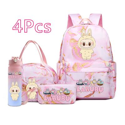 Conjunto de 4 peças/conjunto Mochila Fofa Estampada Lancheira Estojo Garrafa de Água 750ml Estudante Menina Grande Capacidade Impermeável Mochila Escolar