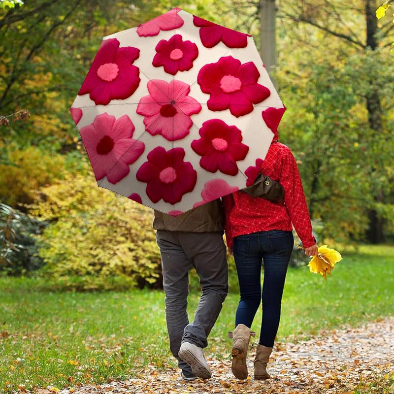 1pc Floral Pattern Pink Flowers Automatic Folding Umbrella, Heavy Duty 8 Rib Iron Frame,  Suitable for Travel, Daily Use, Birthday, Decor Gift