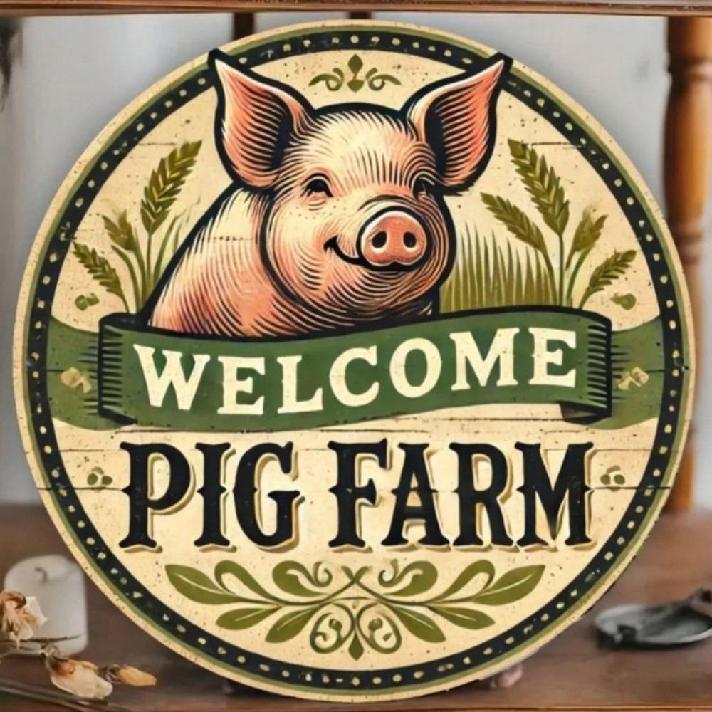 Vintage Farm Pig Round Metal Wall Art Home Decor Sign