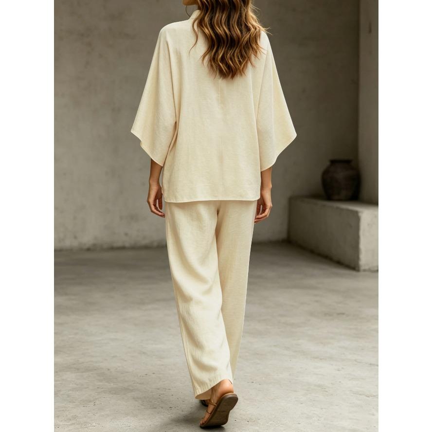 YYFS Moda Donna Casual Estate Primavera Colore Solido Stampa Manica 3/4 Scollo a V Pantaloni Completi Pantaloni