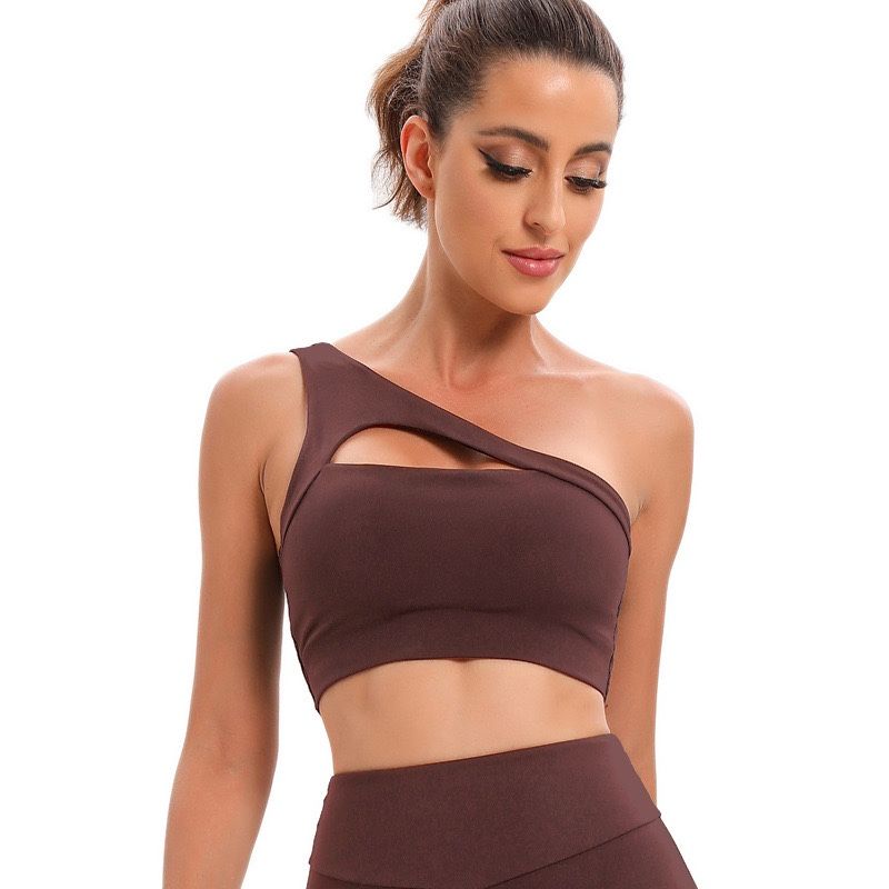 

New Arrival One-Shoulder Yoga Bra Hollow-out Beauty Back Oblique Shoulder Sports Intimates Female European and American Sexy Running Fitness Yoga Br XL Reddish brown bra