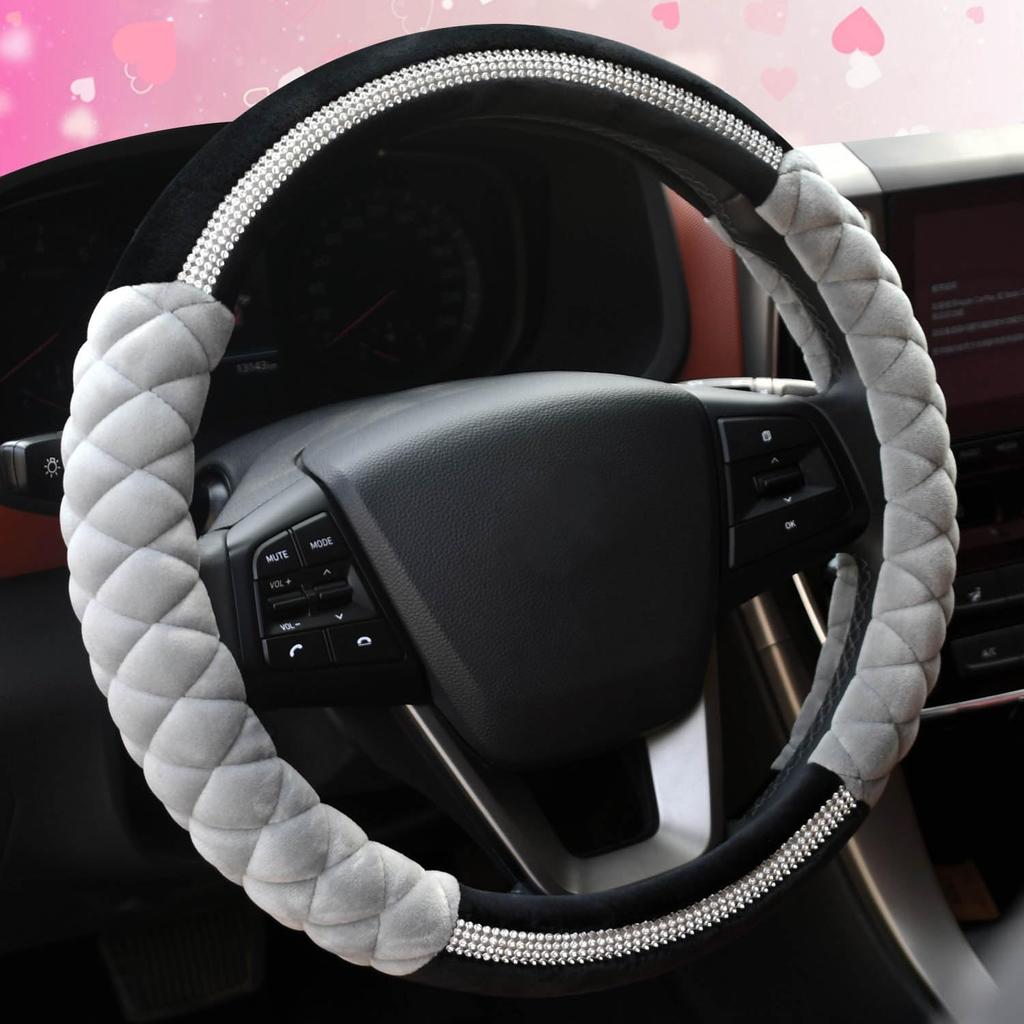 Bling Bling Steering Wheel Cover Universal Luxury Plush Belt Crystal Rhinestone Non-Slip Wheel Protective Cover Women's Girls New 15 Inches Gray