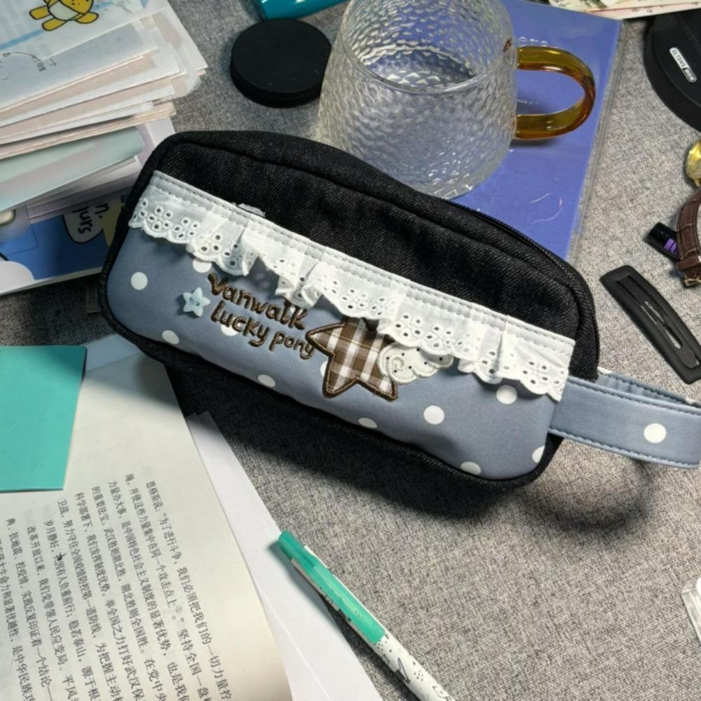 Lace Plaid Print Pen Bag With Handle Stationery Bag New Stationery Organizer Gift